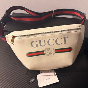 Gucci White Leather Logo Belt Bag / Fanny Pack with Web Strap Large